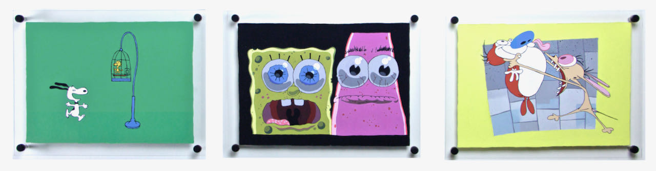 three separate paintings of cartoon characters hanging on a wall